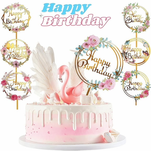 Elegant 6-Piece Gold Cake Topper Collection - Sparkling Acrylic Floral & Butterfly Decor for Birthday Cakes, Anniversaries, and Celebrations