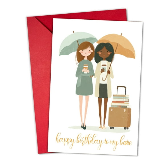Happy Birthday Card for Best Friend - Charming Illustration with Two Friends and Umbrellas - Envelope Included, Blank Inside - Perfect for Celebrating Your Bestie