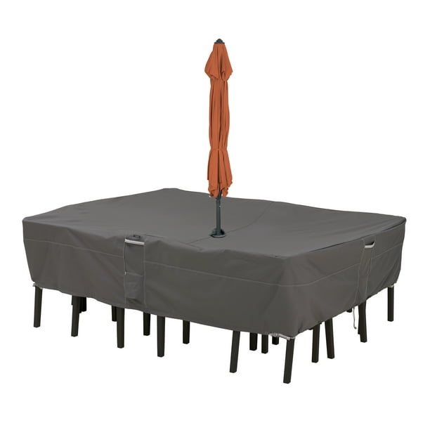 Classic Accessories Ravenna Water Resistant 108 Inch Rectangular Oval Patio Table Chair Set Cover With Umbrella Hole Com Chair Set Cover With Umbrella Hole, Oval Patio Tablecloth With Umbrella Hole