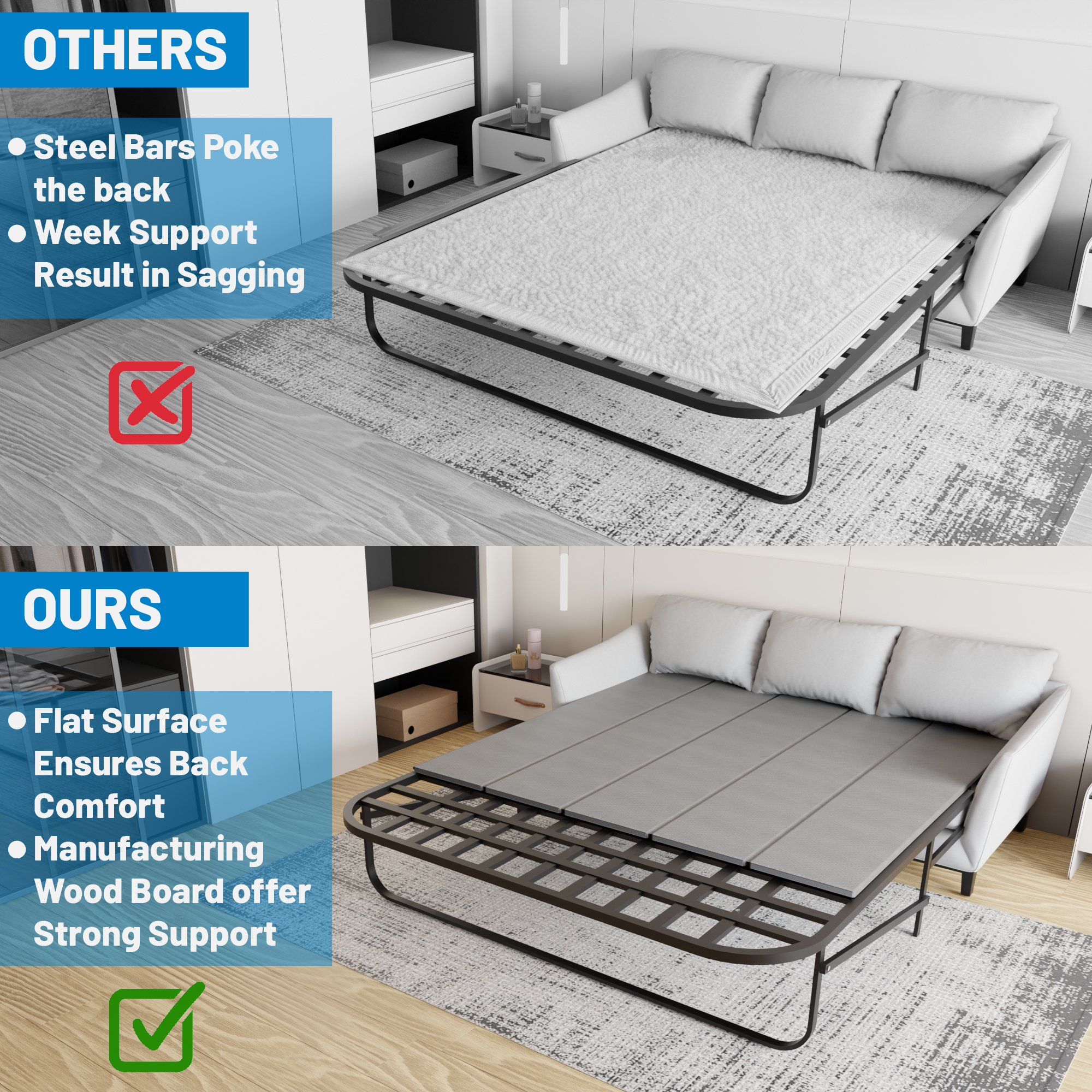 Continental Sleep, Heavy Duty Sleeper Sofa Bed Support Board, 48" x 35.5" Wood Base to Fix Sagging Mattresses, Reinforced Under Cushion Panel, Pull Out Couch Mattress Boards, Easy Installation