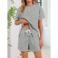 thumbnail image 4 of Women Casual 2 Piece Outfits Sweatsuits Summer Short Sleeve Loungewear Tracksuit Round Neck Lounge Shorts Sets Gray S, 4 of 10
