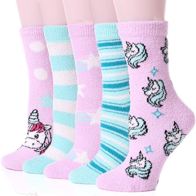 Calcetines Peludos de Unicornio para Mujer EBMORE, 5 Pares, Calidez y Comodidad