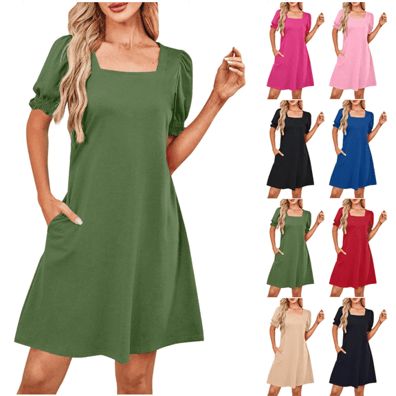 Summer Savings Green Plus Size Dresses for Women Pocket Dress Short Sleeve Solid Color Casual
