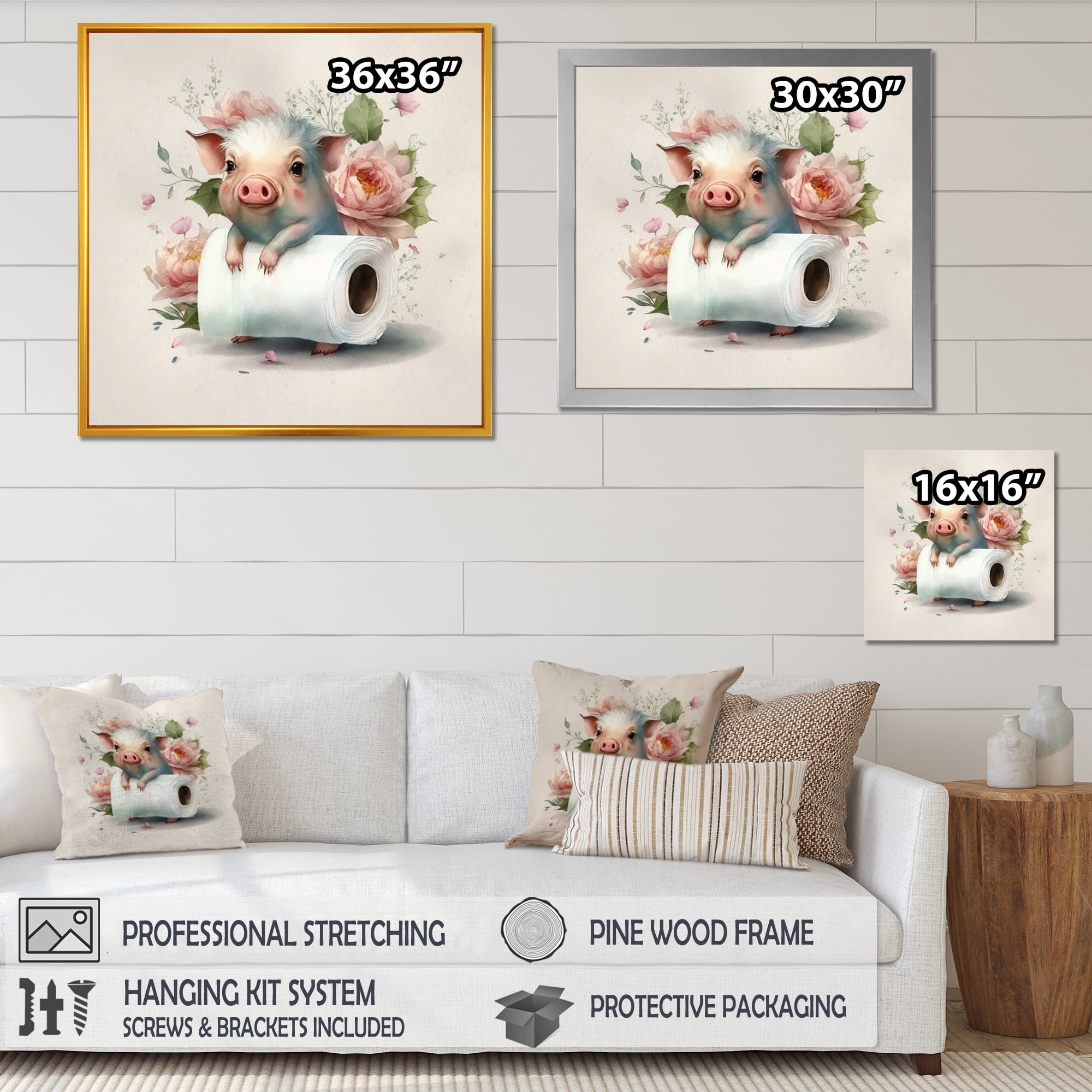 Designart Pig With Roll Of Toilet Paper And Flowers I Canvas Wall Art