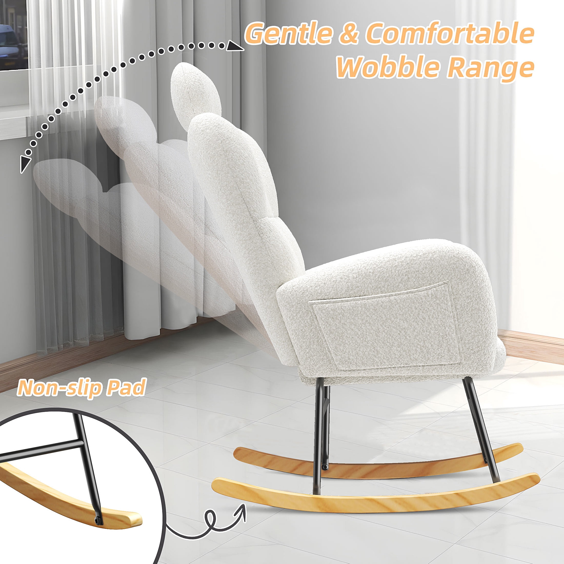 UHOMEPRO Modern Teddy Fabric Rocking Chair, Accent Rocker Chair with High Backrest, Accent Glider Rocker for Living Room Bedroom Playroom, White