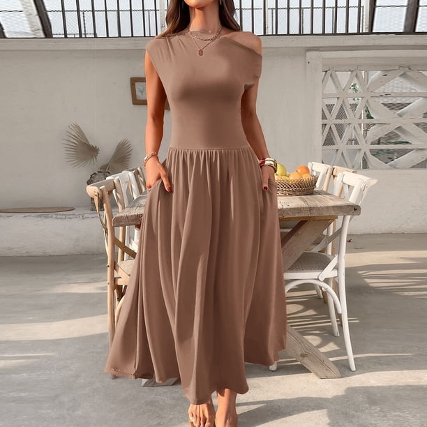 mfyjkho Vestidos para mujer, Vestido largo elástico con bolsillos y manga corta de color liso para mujer Vestidos maxi para mujer l