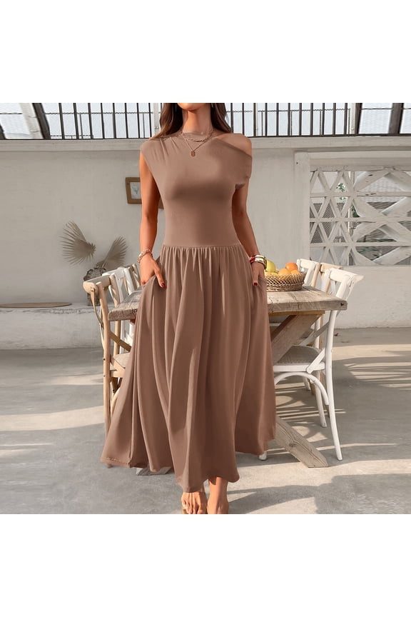 Stylish Women's Fashion Collared Summer Long Dresses Pleated Flowing Hem Loose Maxi Dress Elegant Beach Clothes Coffee XL