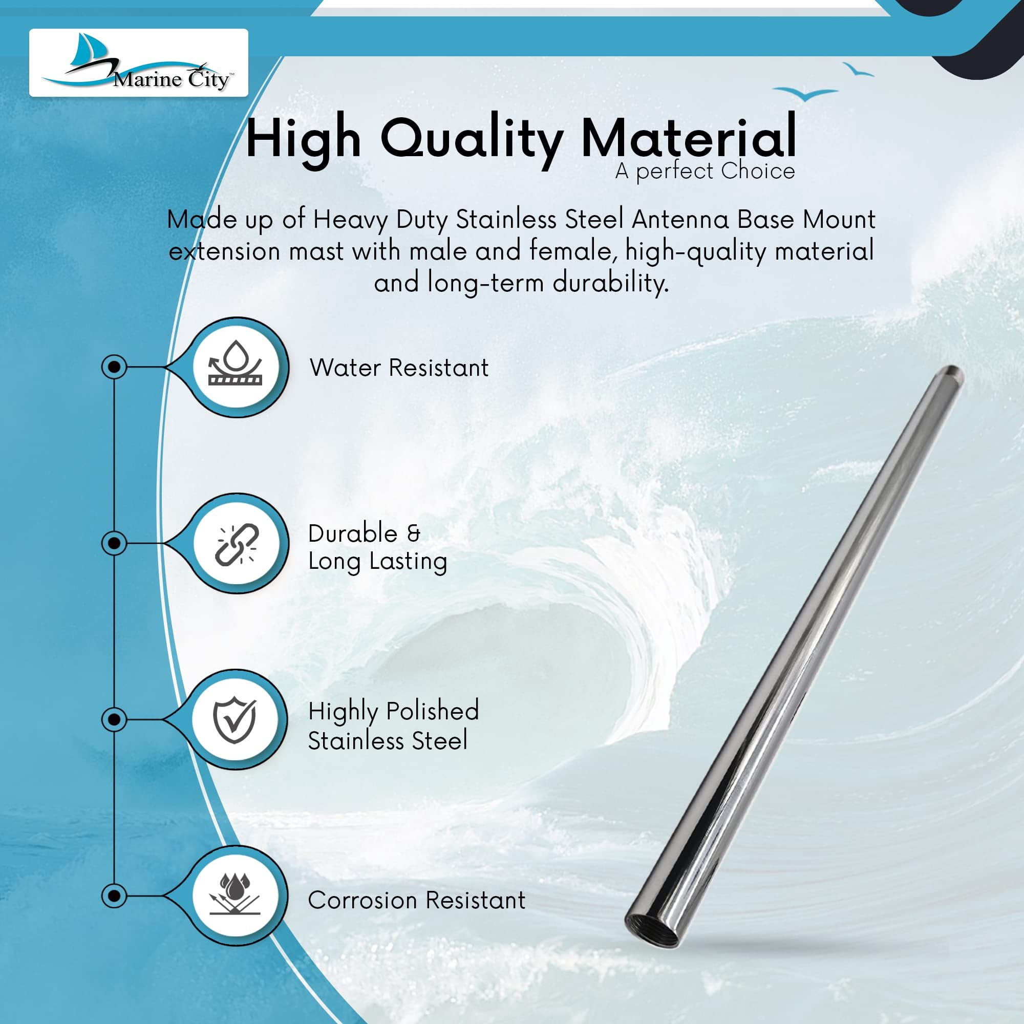 MARINE CITY 24 Inches Antenna Base Mount Extension Mast, Heavy-Duty 304 Stainless Steel, Corrosion-Resistant, 1 Inch-14 Threads, Perfect for Boats, Yachts, and Kayaks