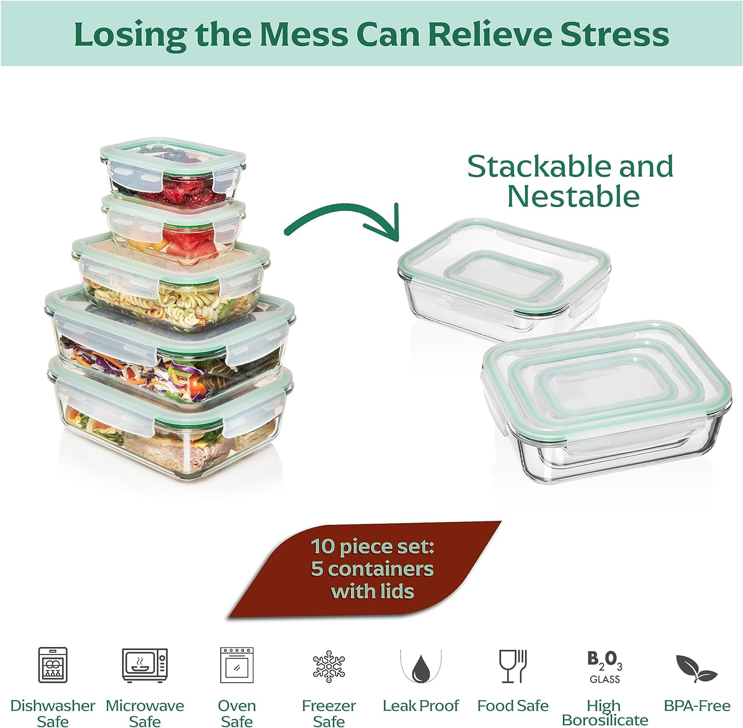 Glass Meal Prep Containers with Lids [8 Pack, 33 oz & 4.5 oz] - 2 Compartment Divided Glass Bento Boxes for Adults, Oven Safe & Airtight