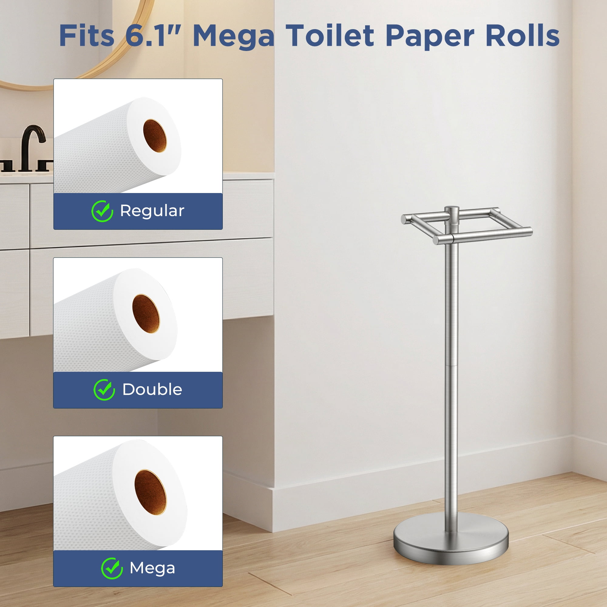 TVOFEK Freestanding Toilet Paper Holder Stand, Toilet Roll Holder Stainless Steel, Post Pivoting Design & Stable Weighted Base, Brushed Nickel