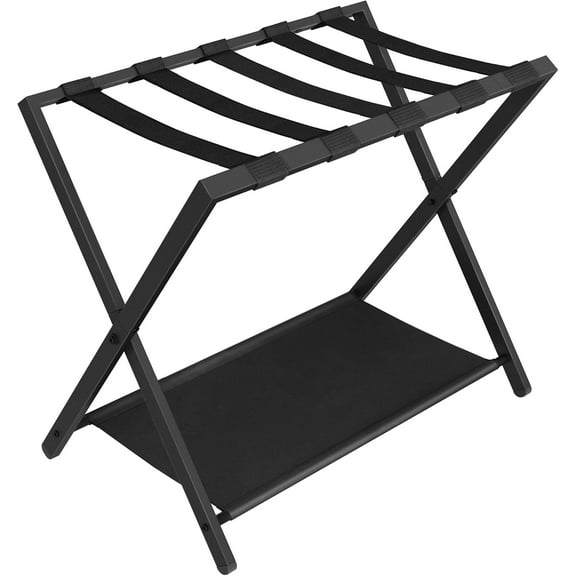 Luggage Rack, Folding Suitcase Stand for Guest, Foldable, Luggage Holders with Shelf, Steel Frame with Nylon Straps for Bedroom, Hotel, Holds up to 154 lb, Black, 1 Pack