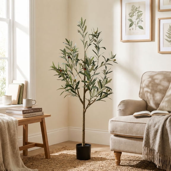 Easy4Home 4FT Artificial Olive Tree with Lifelike Fruits Fake Olive Plant Potted Indoor Faux Floor Plant for Home Office Decor