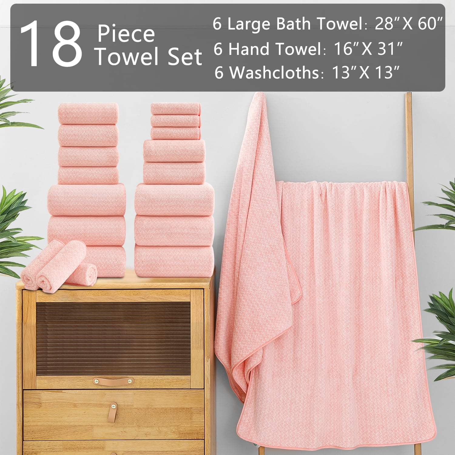 Covina Home 18 Piece Bath Towels Set,100% Microfiber Family Bathroom Towel with Hanging Loops-6 Bath Towels,6 Hand Towels,6 Washcloths,Quick Dry Highly Absorbent Shower Towel for Bathroom,Hotel,Spa