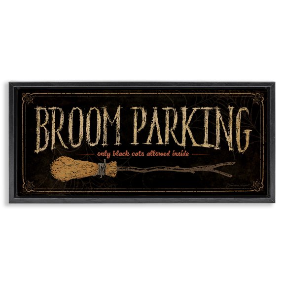 Stupell Industries Broom Parking Black Cats Allowed Holiday Painting Black Floater Framed Canvas Art Print Wall Art, 25 x 11