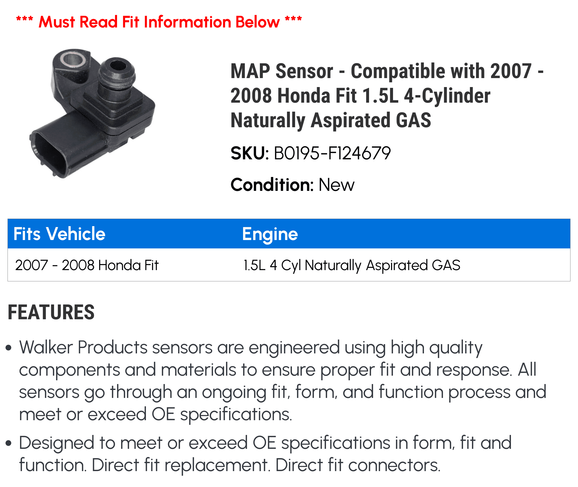 MAP Sensor - Compatible with 2007 - 2008 Honda Fit 1.5L 4-Cylinder Naturally Aspirated GAS