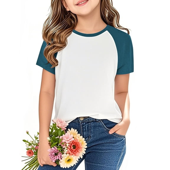 Frnrwgo Little Girls T-shirts Casual Raglan Short Sleeve Crewneck Color Block Summer Tees 3-14 Years, Blue