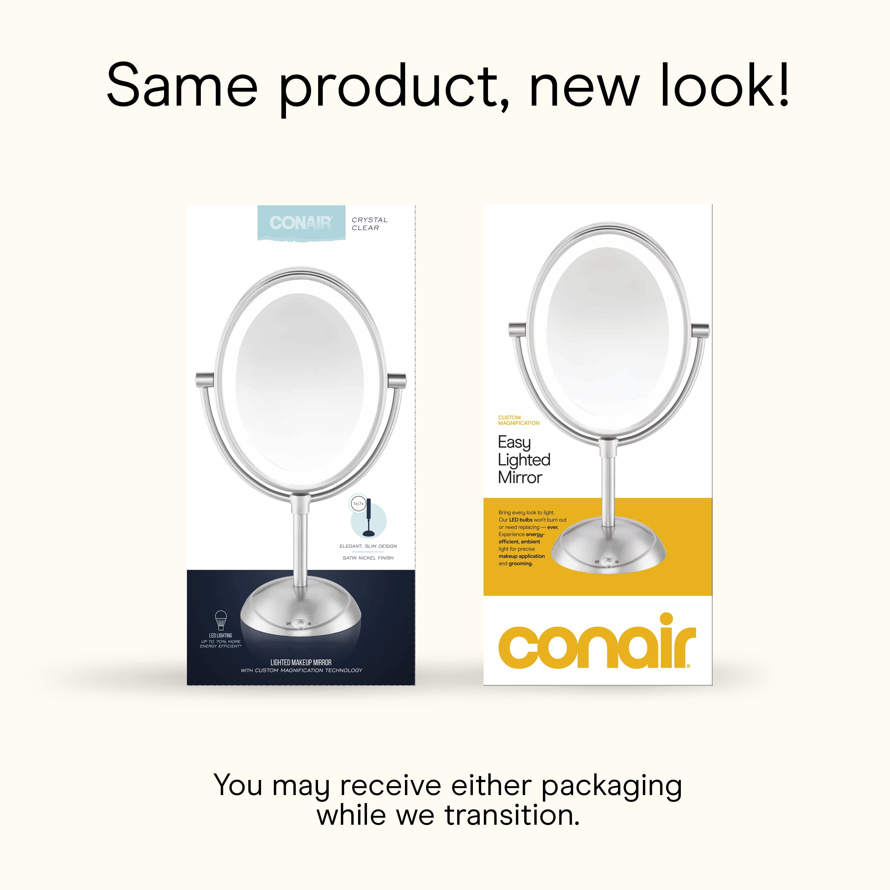 Conair LED Vanity Mirror, Double-Sided 1x/7x Magnification, Satin Nickel