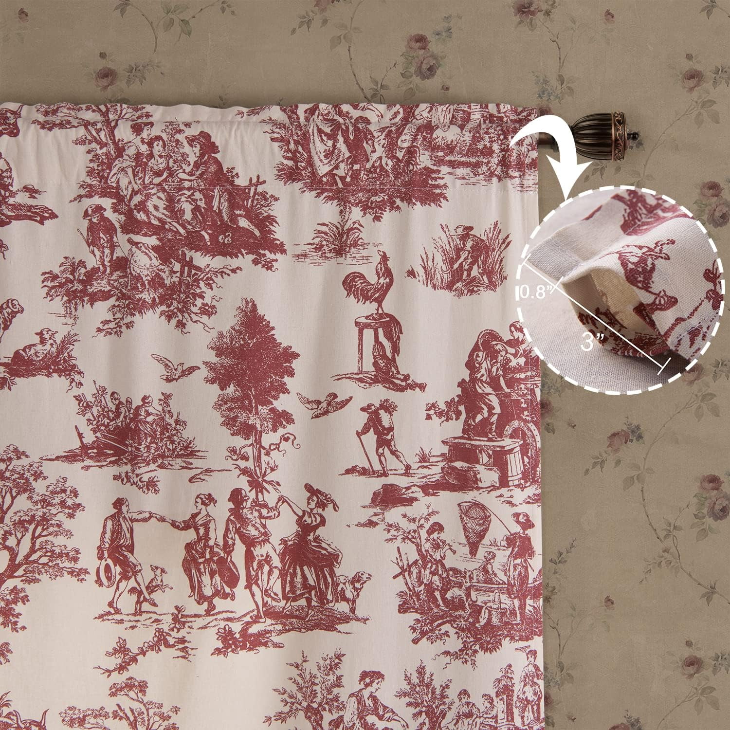 Cream Curtains 63 Inch Length for Bedroom 2 Panels with Farmhouse Red Design Accents Room Decor Paris Toile Farm Cottage Core Wine Maroon Tradtional Flower Sheer Drapes for Living Room 63 Inches Long