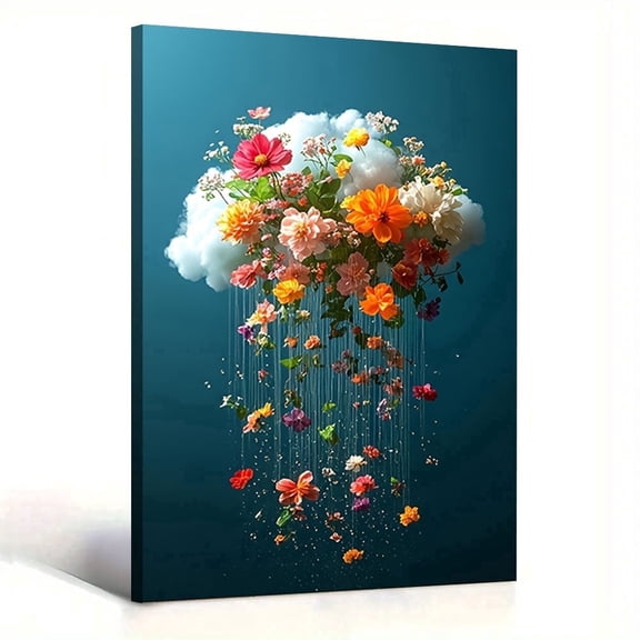 Whimsical Floral Rain Canvas Wall Art, Surreal Flower Cloud Print, Framed Colorful Botanical Decor for Living Room & Bedroom, Modern Aesthetic Wall Art 8*12inch(20*30cm)