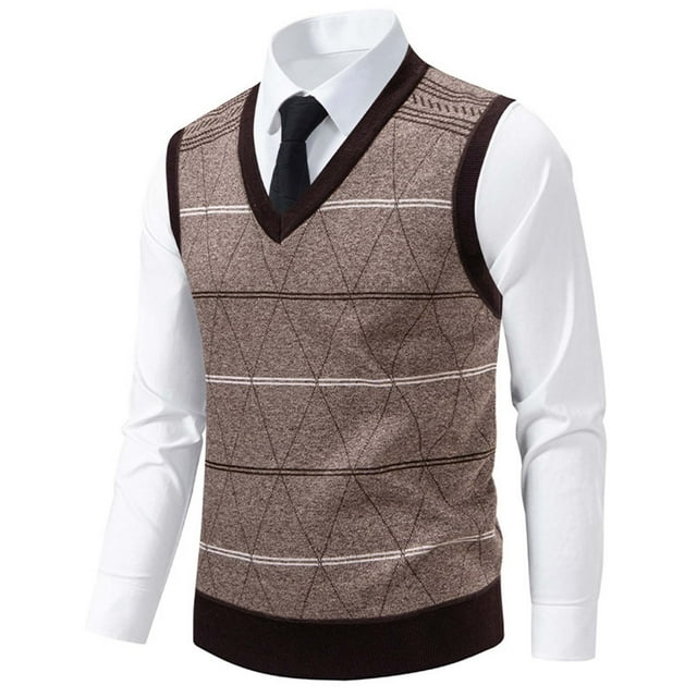 Pisexur Sweaters Men Soft and Comfortable Fall Sweaters Men Print British Style Elastic Knit Sweater V-Neck Sweater Tank Top Coffee,L