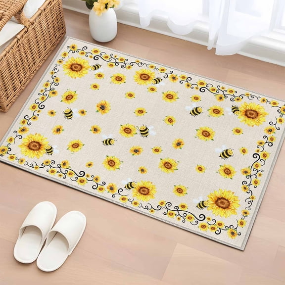 Sunflower Bees Bathroom Rug Washable 2x3 Entryway Rug Non Slip Spring Summer Farmhouse Floral Beige Burlap Front Door Mat Low Pile Indoor Doormat Throw Floor Carpet for Kitchen Bedroom Entrance