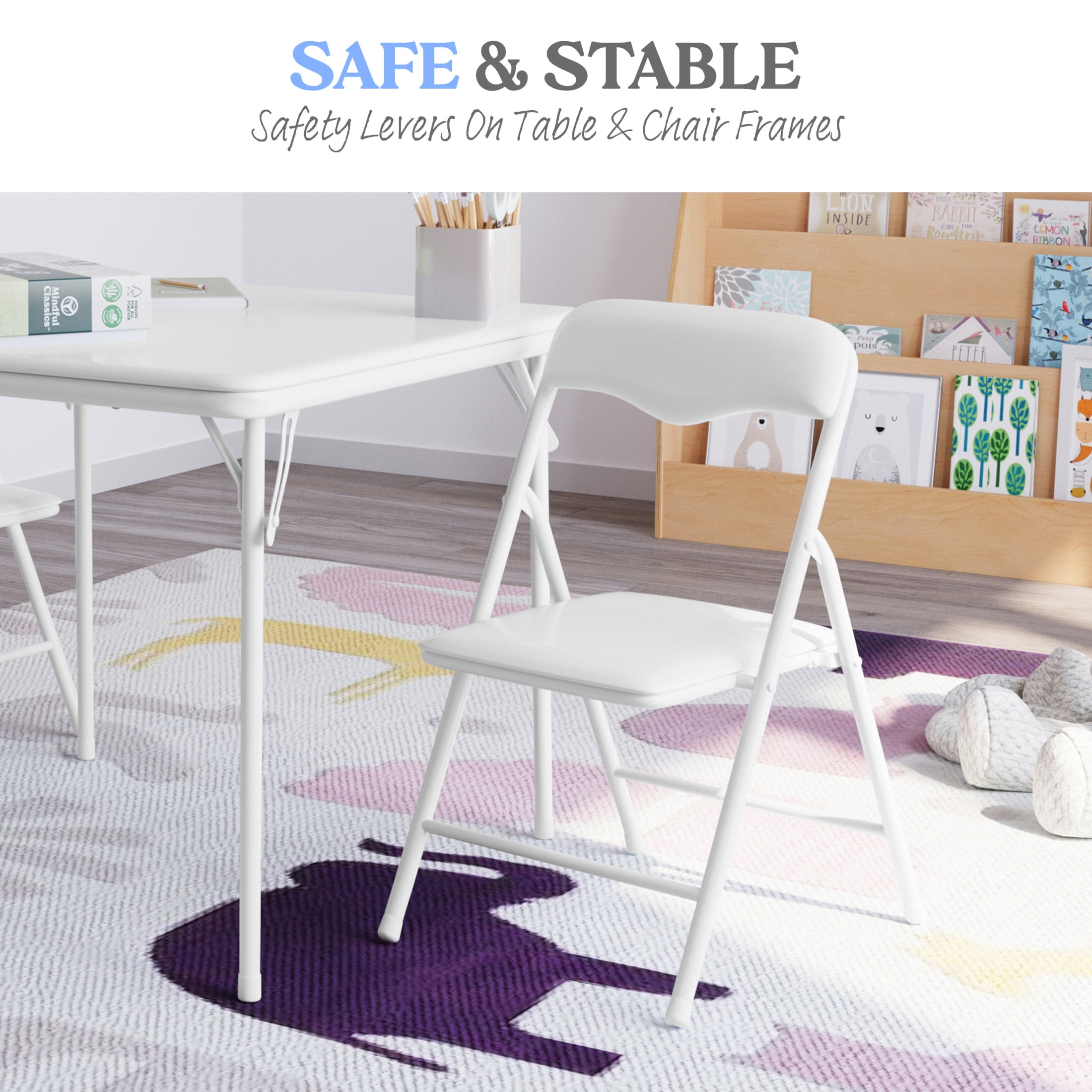 Emma + Oliver 3 Piece Kids Folding Table and Chair Set with White Vinyl Tabletop, Backrest and Seat