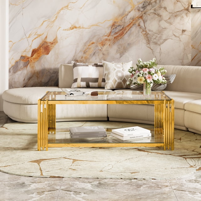 DAJU Table Basse Moderne Transparente, Rectangulaire, Asymétrique en Métal, Fini Doré et Tablette Inférieure, 47,5 Pouces