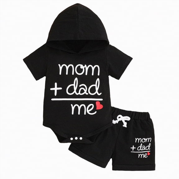 mgoYE Infant Baby Boy Summer Clothes Mom Dad Me Letter Print Short Sleeve Hooded Tops Drawstring Shorts Toddler Baby Boy Outfit 3 6 12 18 24 Months 3T(Black,6-9 Months)