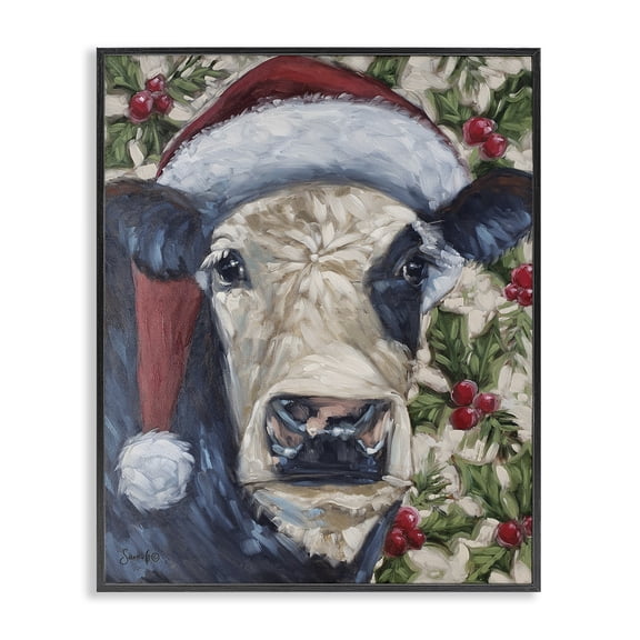 Stupell Industries Cow with Festive Holly Holiday Painting Black Framed Art Print Wall Art, 11 x 14