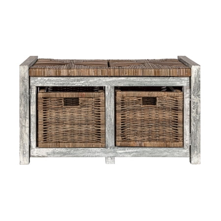 happimess HPM9100A Rustic 30" 2 Drawer Wicker Storage Bench, Gray