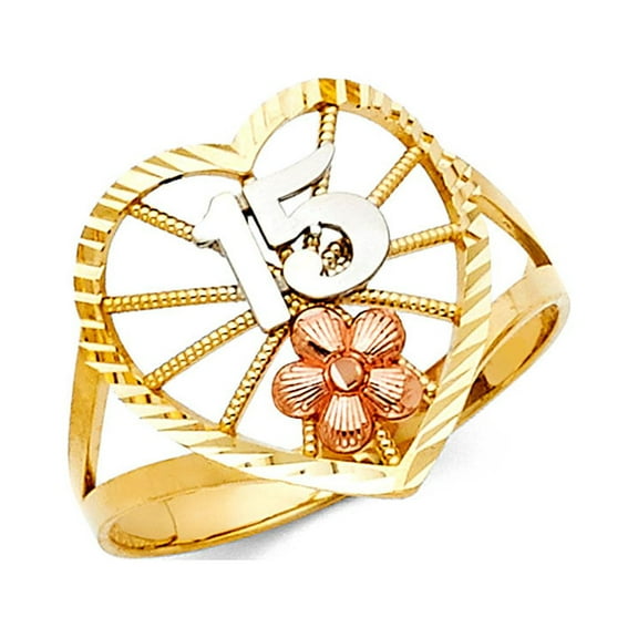 15 Years Heart Ring 14k Yellow White Rose Gold Quinceanera Flower Band Diamond Cut Style 15MM, Size 7