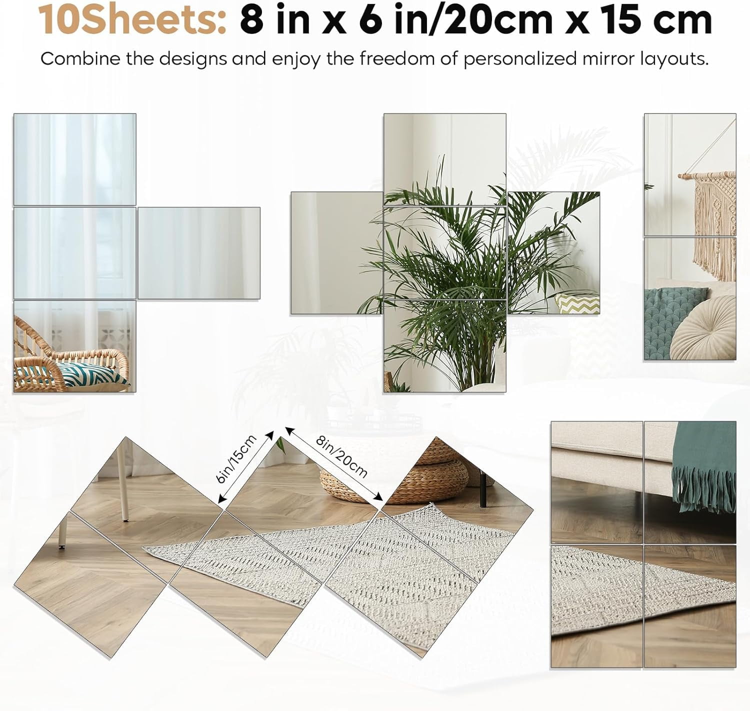 8" x 6" Acrylic Flexible Mirror Sheets, 10 Pack Self Adhesive Mirror Tiles Square Cuttable Mirror Wall Stickers, Non-Glass Mirror Stickers Safety Reflective Mirror for DIY Craft Home Wall Decor