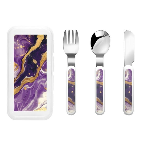 Easygdp Purple Gold Marble Swirls 3-Piece Flatware Set Kids Silverware, Stainless Steel Toddler Kids Utensils Safe for Preschooler Children