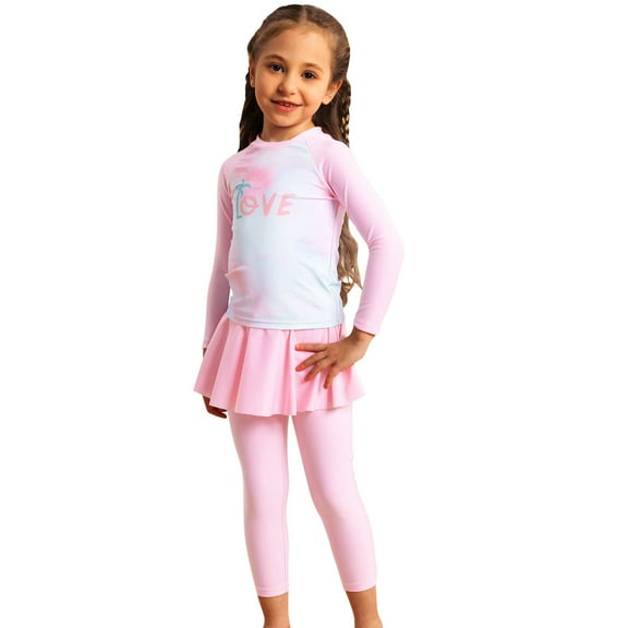 Girls Long Sleeve Bathing Suits 2 Piece Rash Guard Swimsuits Swimming Shirts Skirts Pants Full Coverage Modest Swimwear Pink, 6 Years