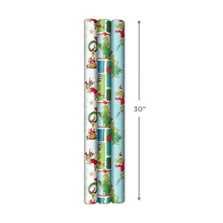 Hallmark Grinch Wrapping Paper for Christmas with Blue Tiles, White Snowflakes, Cindy Lou Who, Max( missing one roll)