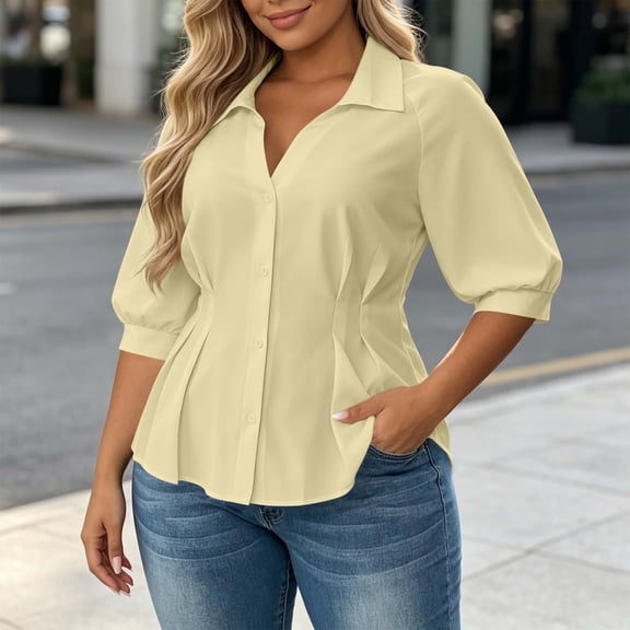IUYRTFE Women's Plus Size Collared Blouse 3/4 Puff Sleeve Button Down Peplum Top