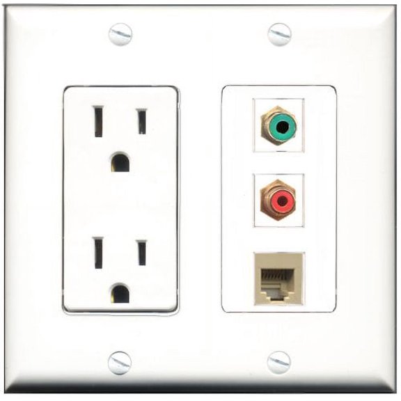 RiteAV - 15 Amp Power Outlet 1 Port RCA Red 1 Port RCA Green 1 Port Phone Beige Decorative Wall Plate