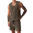 thumbnail image 3 of Men Crochet 2 Piece Outfits Mesh Sheer Tank and Shorts Summer Fishnet Shorts Set for Beach Casual Brown L, 3 of 7