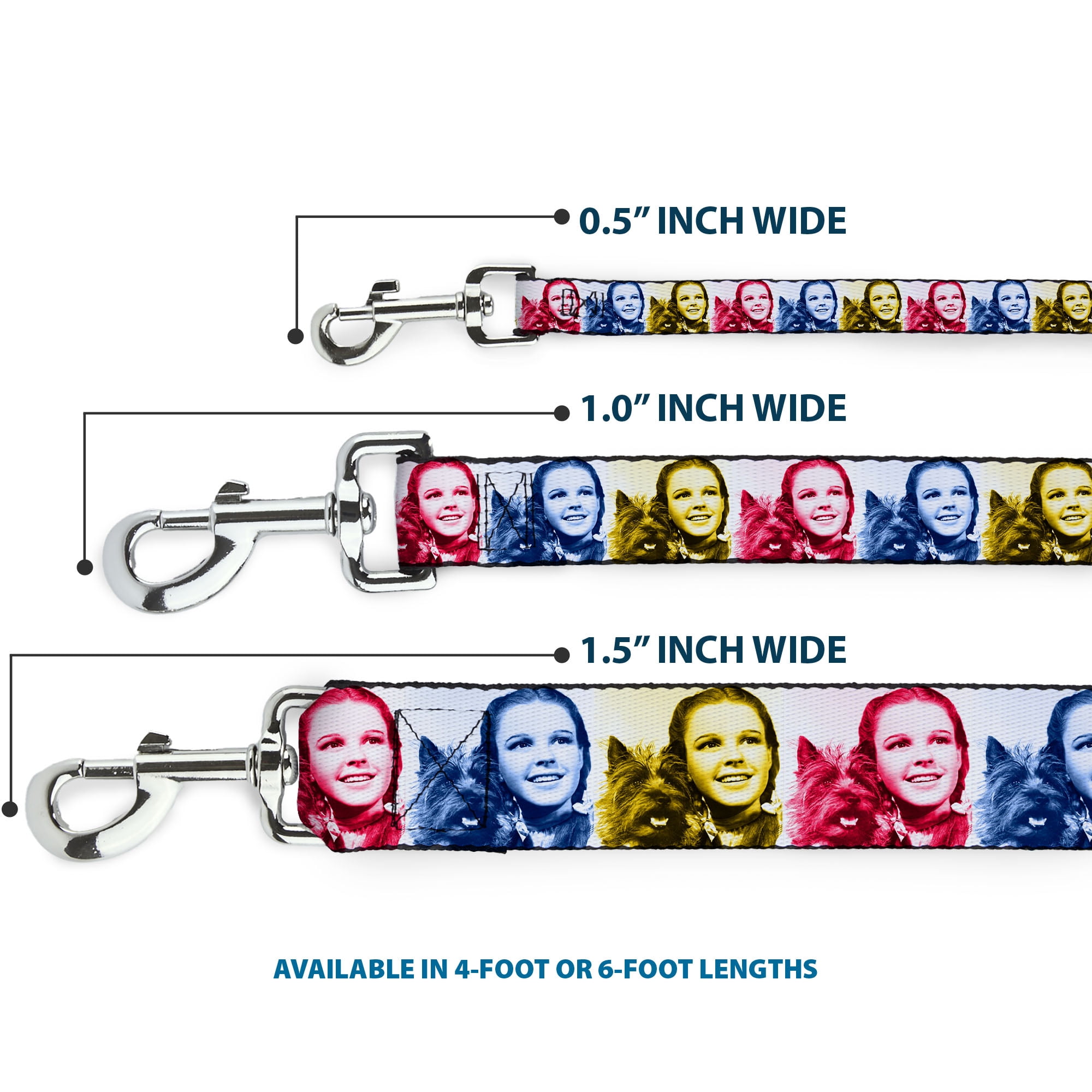 Movies Pet Leash, Dog Leash, The Wizard of Oz Dorothy and Toto Pose Blues Yellows Reds, 6 Feet Long 1.0 Inch Wide