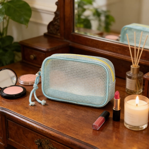 Bolso de malla para maquillaje 9,45x5,51x2,36 pulgadas Organizador de cremallera de nylon Beige azul rosa • Almacenamiento transparente para cosméticos transpirables para viajes • Soporte para