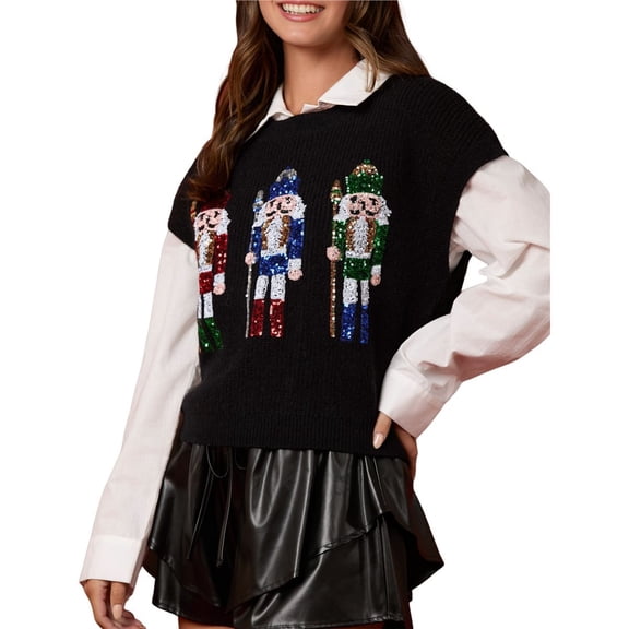 Women'S Christmas Crew Neck Sequins Pullover Knitwear Tops Sleeveless Knitted Sweaters Vests