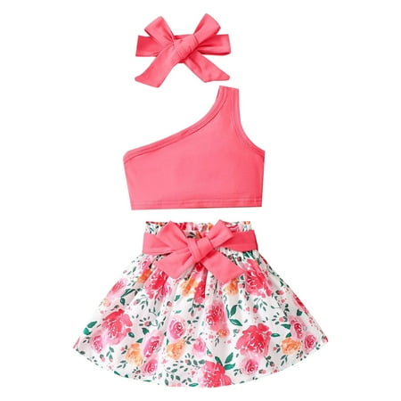 

Toddler Baby Kids Girls Summer Clothes Suit Floral Top Pink Shoulder Suspender Solid Color Short Top Summer Flower Print Skirt Kids Clothes