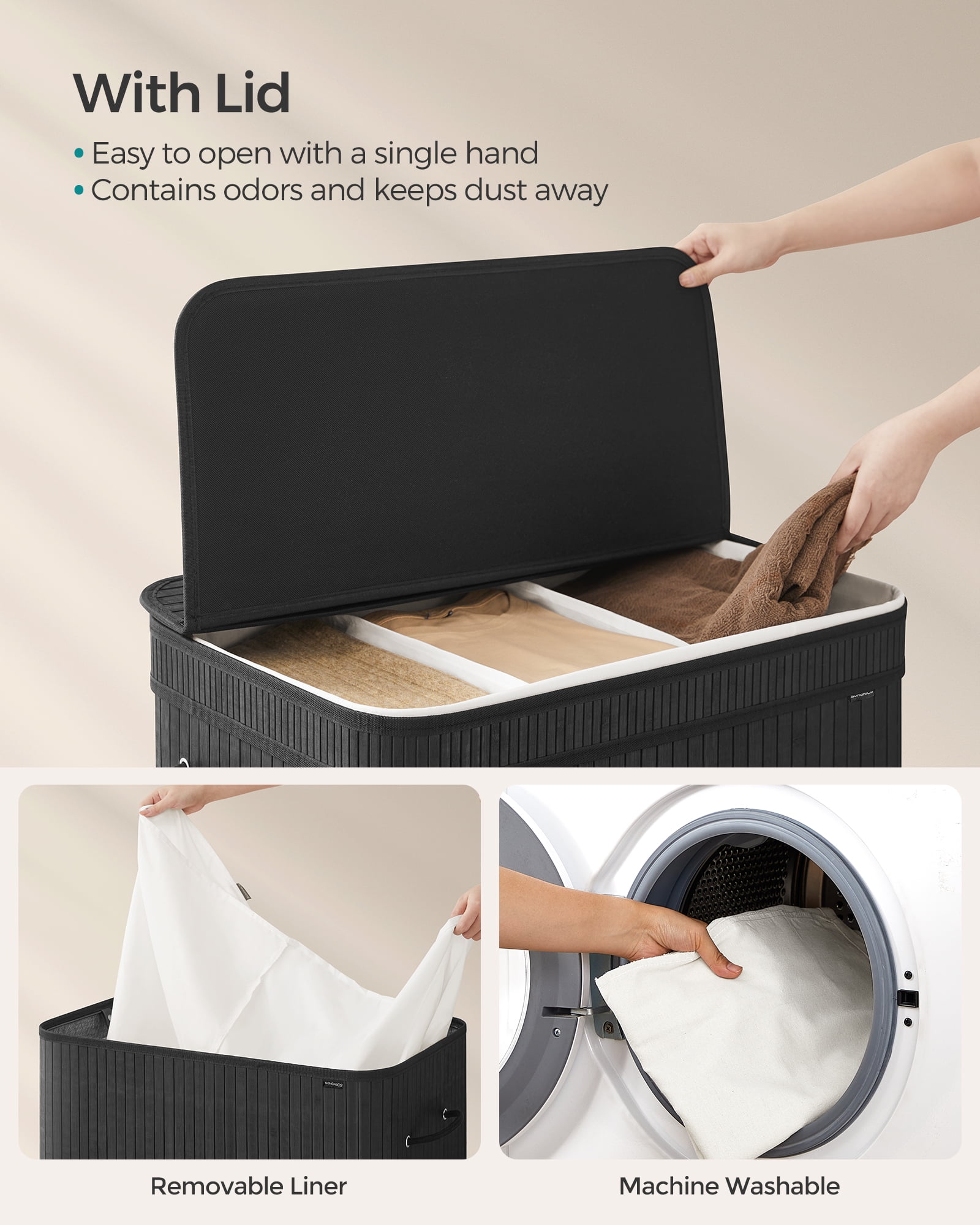 150L Laundry Hamper with Lid Bamboo Laundry Basket Removable Machine Washable with Handles for Laundry Room Bedroom Ink Black