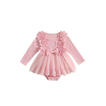 

Bmnmsl Baby Girl Romper Dress Bow Long Sleeve Patchwork Lace Jumpsuit