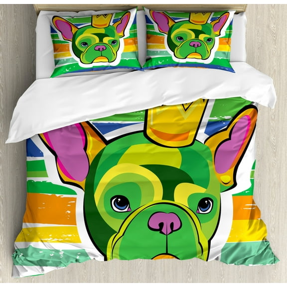 Bulldog Queen Size Duvet Cover Set, Green French Bulldog Head with a Crown on Colorful Grunge Brushstrokes Art Print, Decorative 3 Piece Bedding Set with 2 Pillow Shams, Multicolor, by Ambesonne