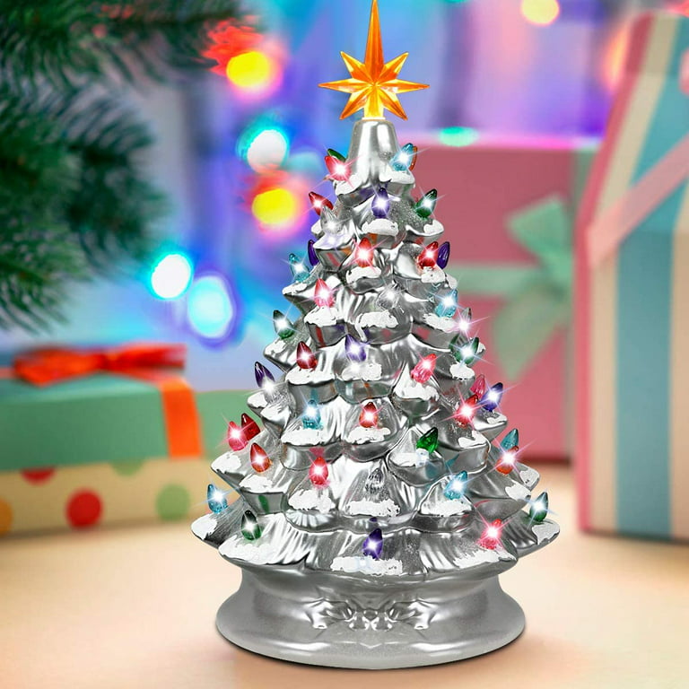 Inolait 15'' Ceramic Tabletop Christmas Tree with Lights -Silver 