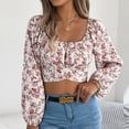 thumbnail image 2 of Womens Long Sleeve Crop Tops Cross Hem Floral Print Square Neck Going Out Blouse Tees Spring Fall Fashion (XL, White), 2 of 7