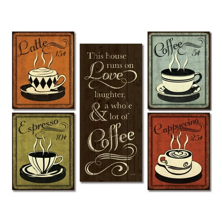 Gango Home Decor Classic Retro Coffee, Espresso, Cappuccino, Latte and This House Runs On Coffee Kitchen Wall Art by N. Harbick; Five Multi-Color 8x18in Unframed Paper Prints (Paper Only, No