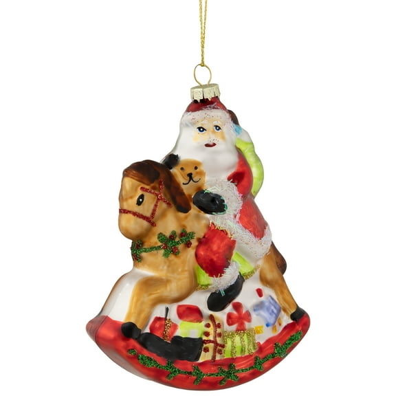 Northlight Santa on a Rocking Horse Glittered Glass Christmas Ornament - 4.75"  - Red