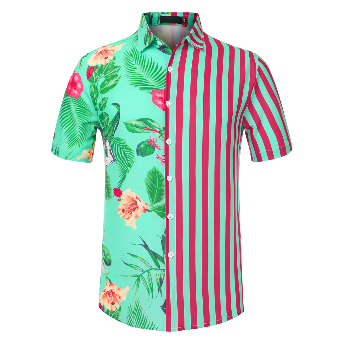 Unique Bargains Men's Summer Floral Striped Patchwork Shirt Green Rose Red L